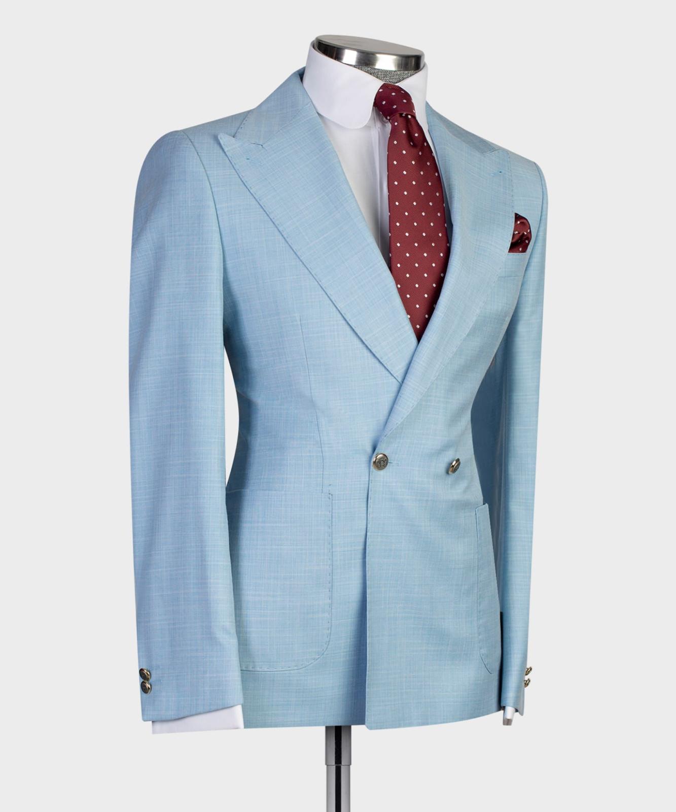 Trendy Sky Blue Double Breasted Peak Lapel Men’s Suits