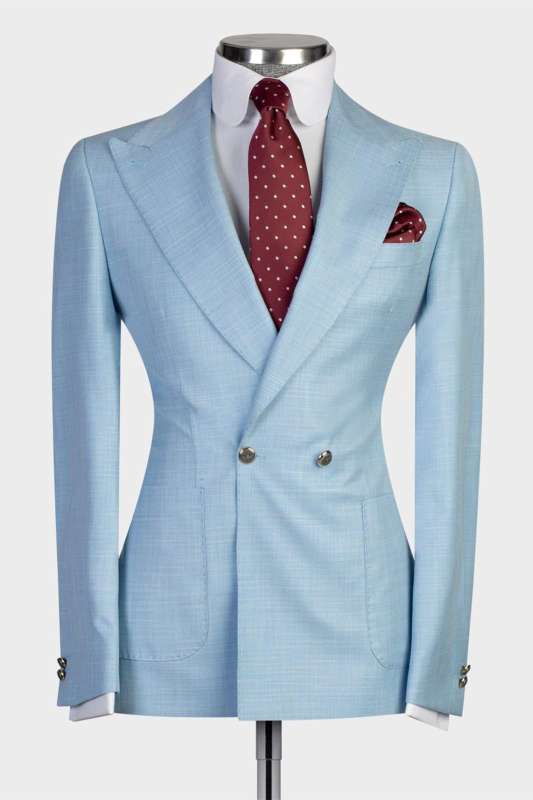 Trendy Sky Blue Double Breasted Peak Lapel Men’s Suits