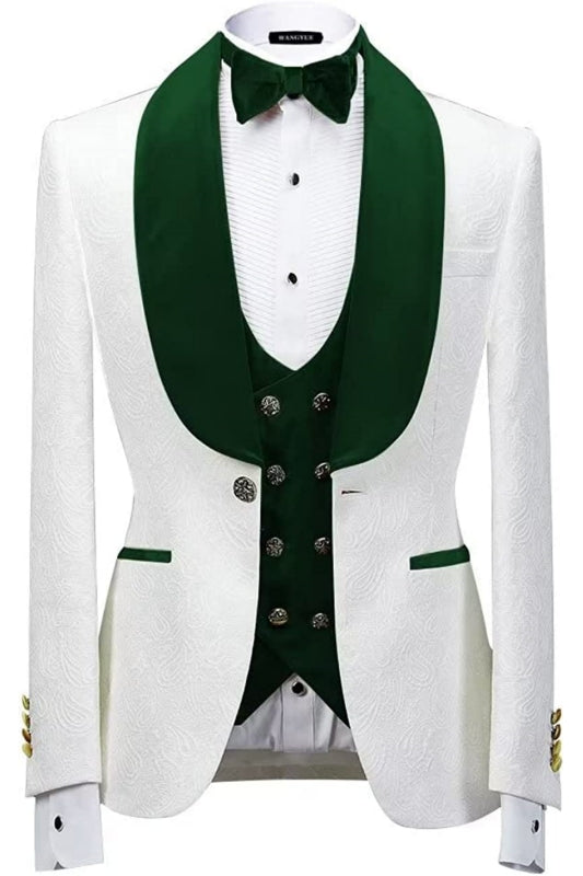 Trendy White Jacquard Shawl Collar Three-Piece Groom's Outfit