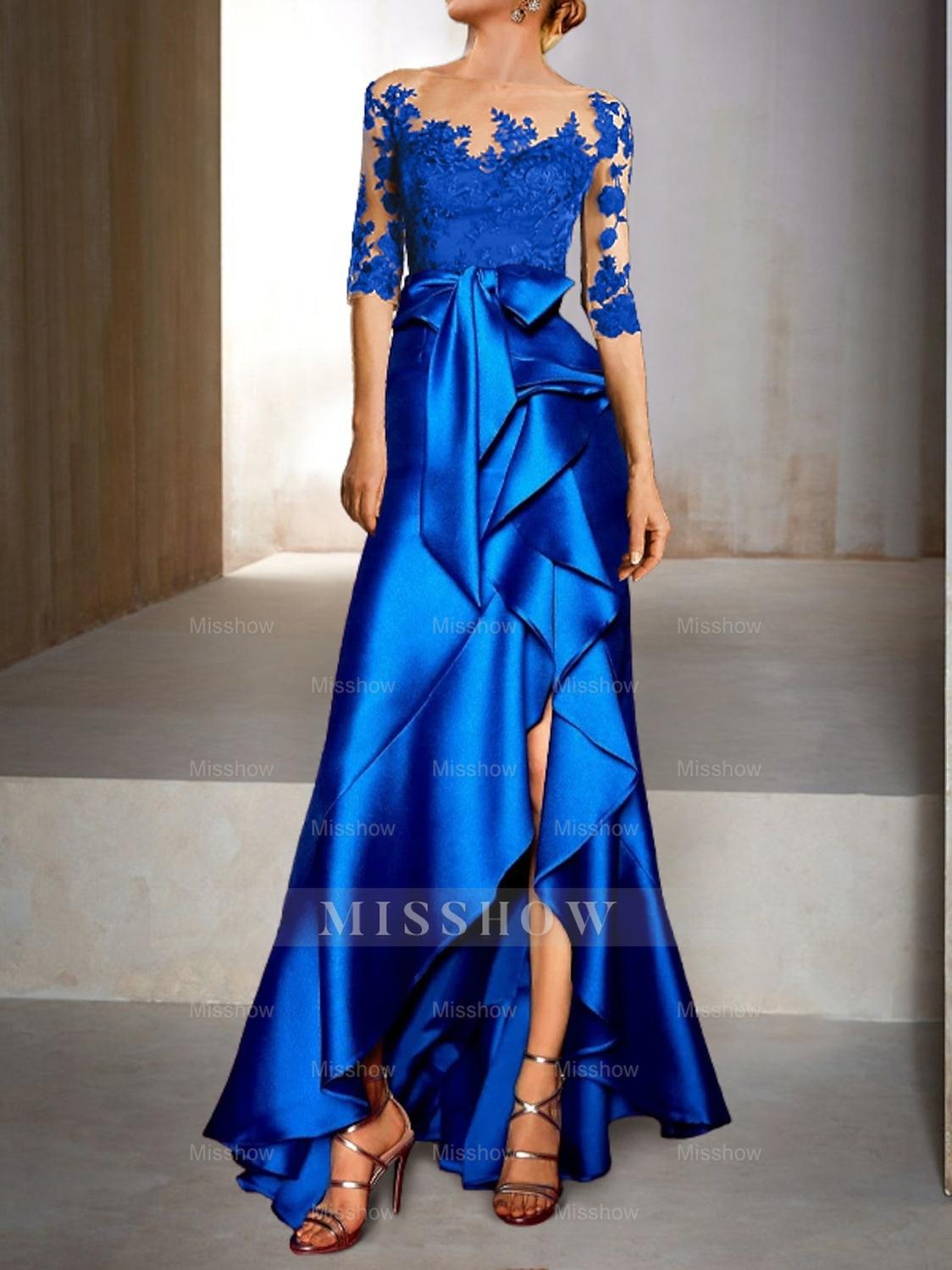Trumpet Jewel Neck Half-Sleeve Floor-Length Mermaid Mother of the Bride Dress With Appliques & Bow(s)
