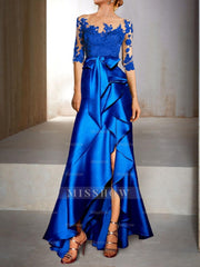 Trumpet Jewel Neck Half-Sleeve Floor-Length Mermaid Mother of the Bride Dress With Appliques & Bow(s)