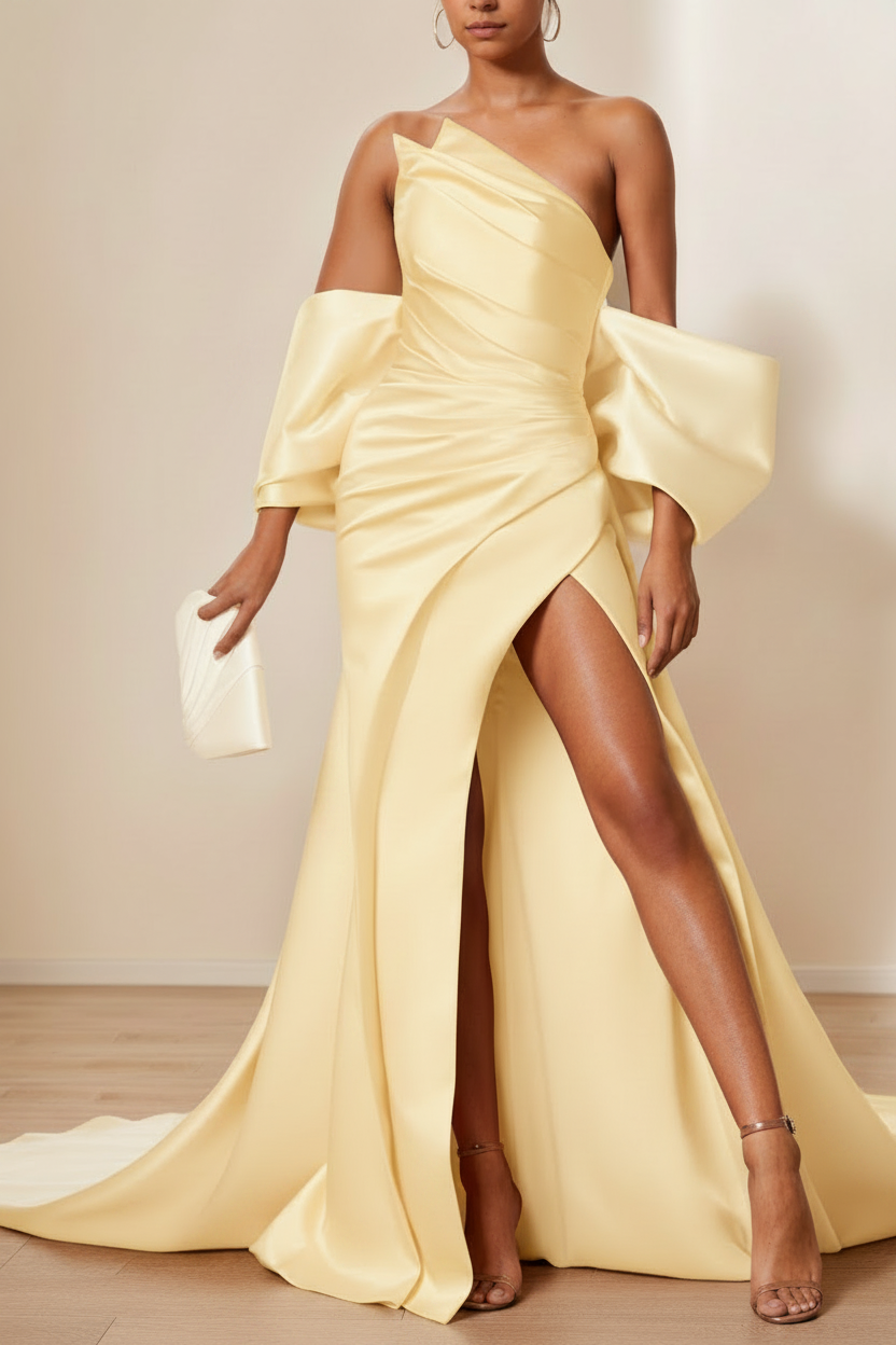 Trumpet/Mermaid Evening Dresses Strapless Sleeveless Floor-Length Unique with Split Side & Ruffles