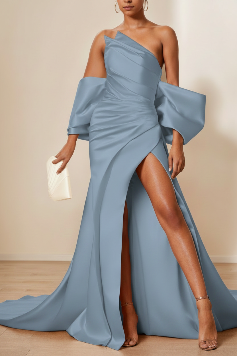 Trumpet/Mermaid Evening Dresses Strapless Sleeveless Floor-Length Unique with Split Side & Ruffles