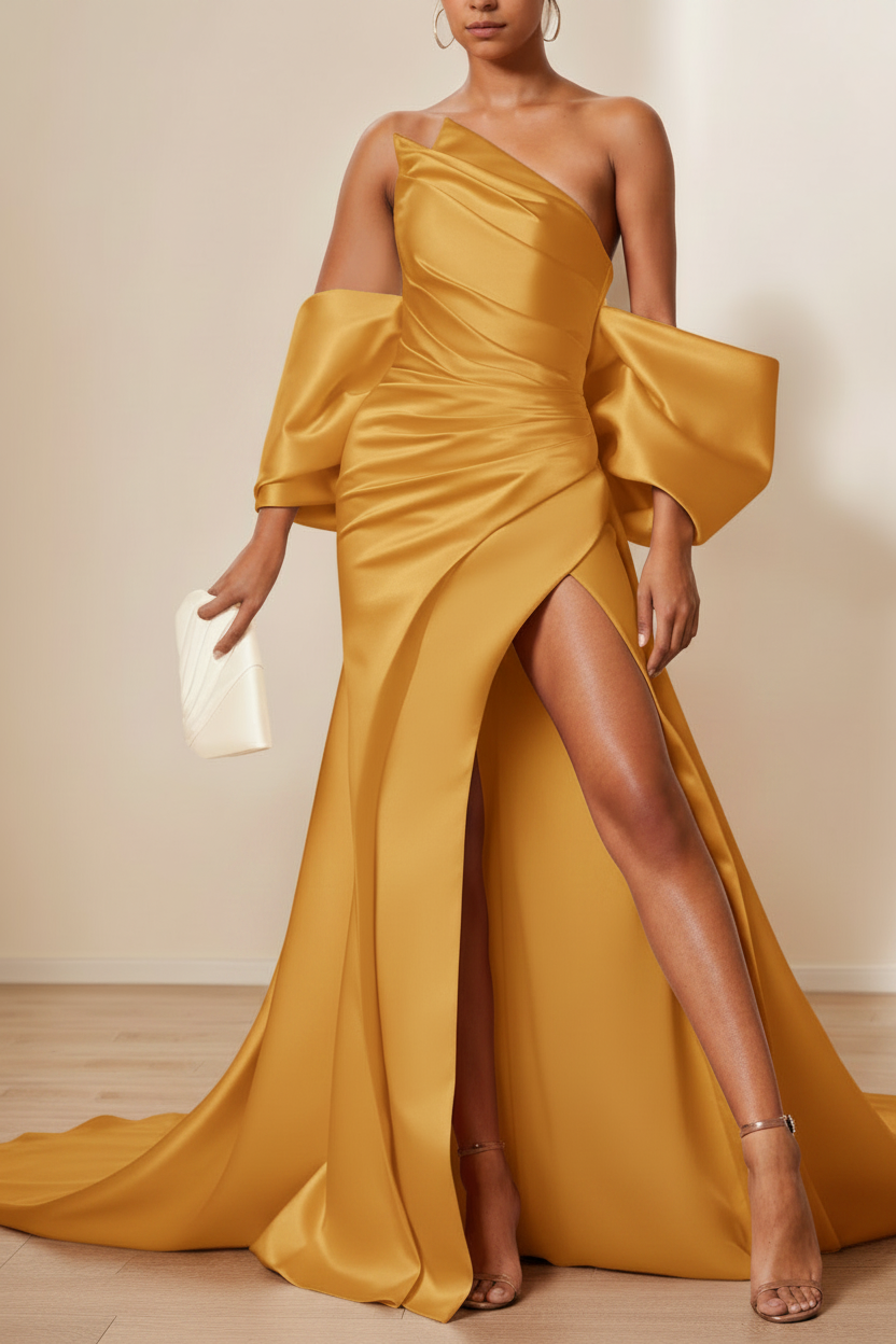 Trumpet/Mermaid Evening Dresses Strapless Sleeveless Floor-Length Unique with Split Side & Ruffles