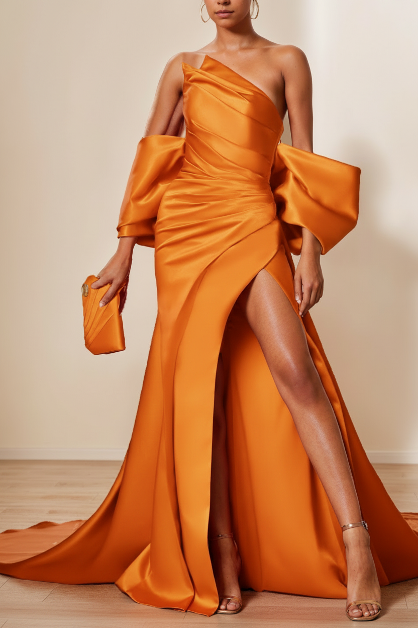 Trumpet/Mermaid Evening Dresses Strapless Sleeveless Floor-Length Unique with Split Side & Ruffles