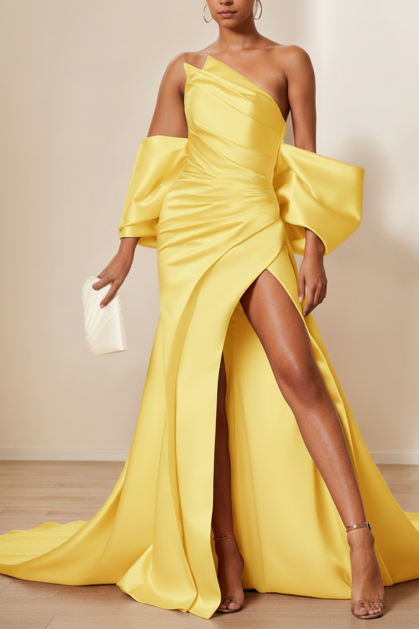 Trumpet/Mermaid Evening Dresses Strapless Sleeveless Floor-Length Unique with Split Side & Ruffles