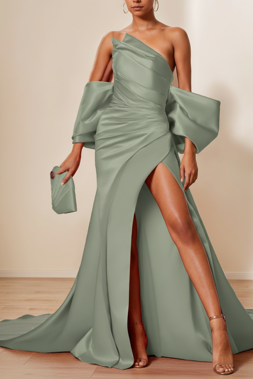 Trumpet/Mermaid Evening Dresses Strapless Sleeveless Floor-Length Unique with Split Side & Ruffles