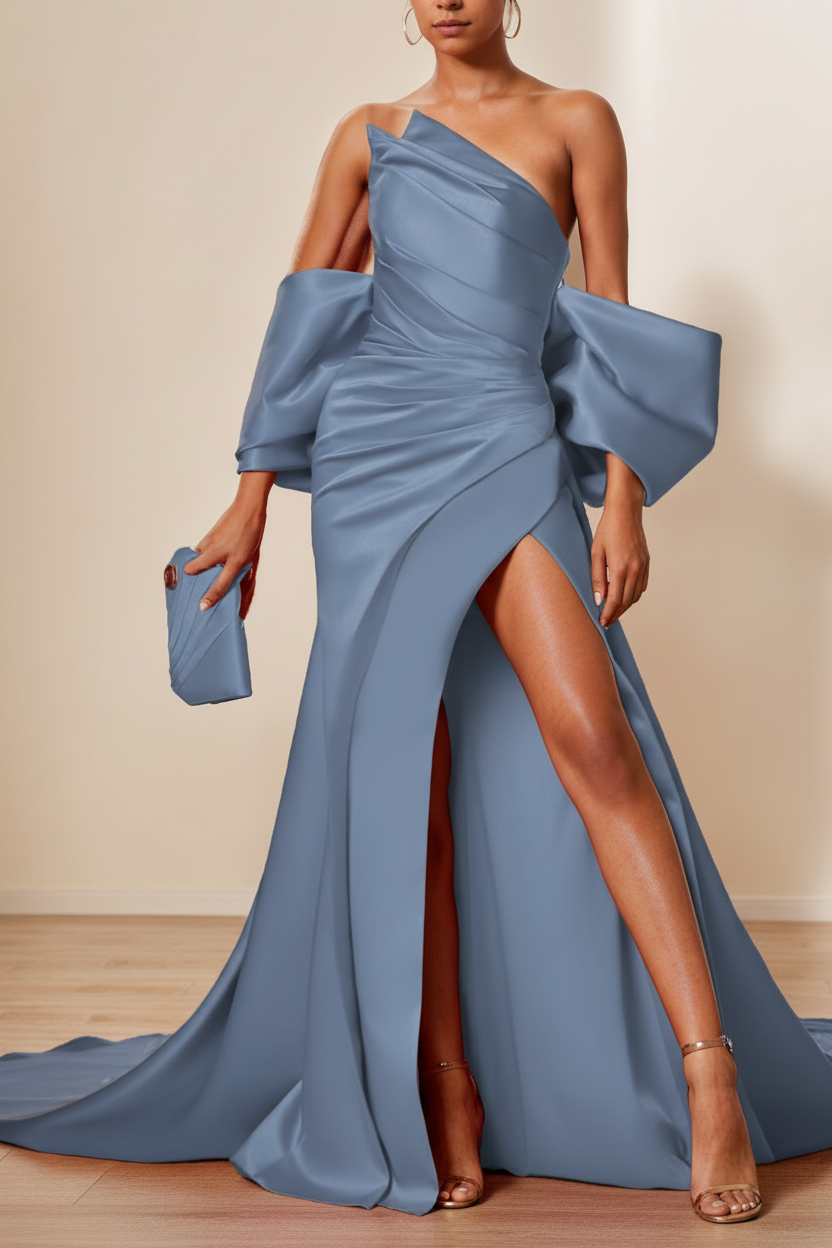 Trumpet/Mermaid Evening Dresses Strapless Sleeveless Floor-Length Unique with Split Side & Ruffles