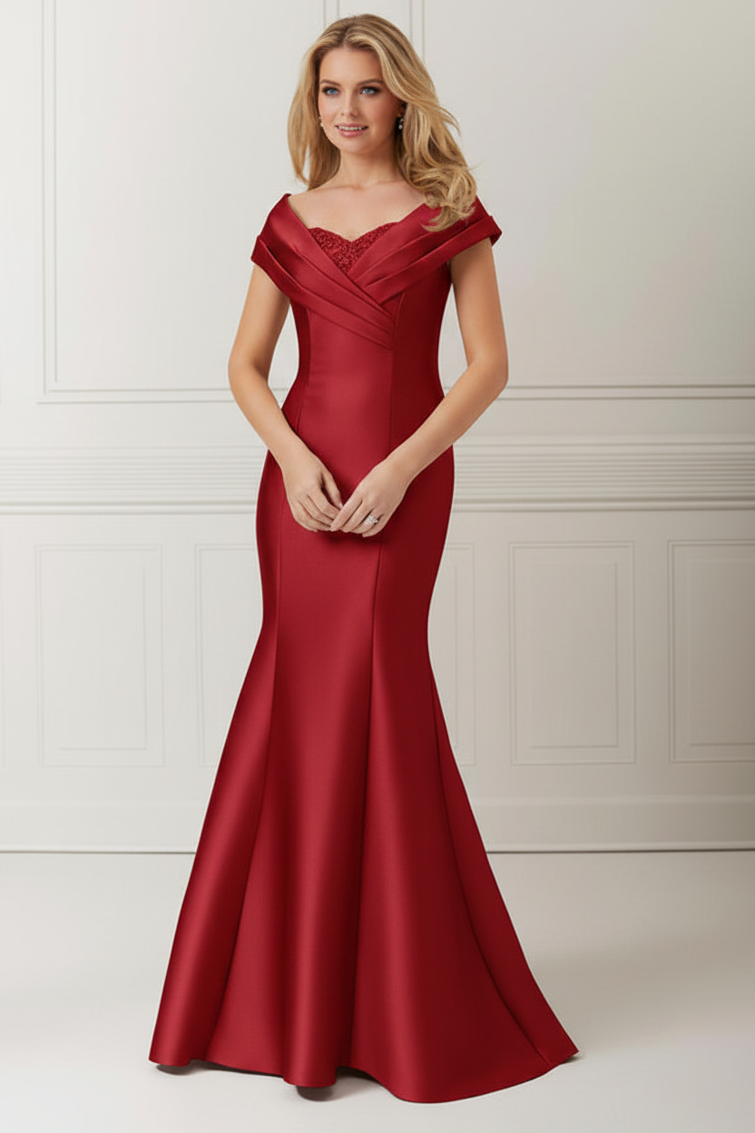 Trumpet/Mermaid Off-the-Shoulder Satin Mother of the Bride Dresses with Applique & Beading