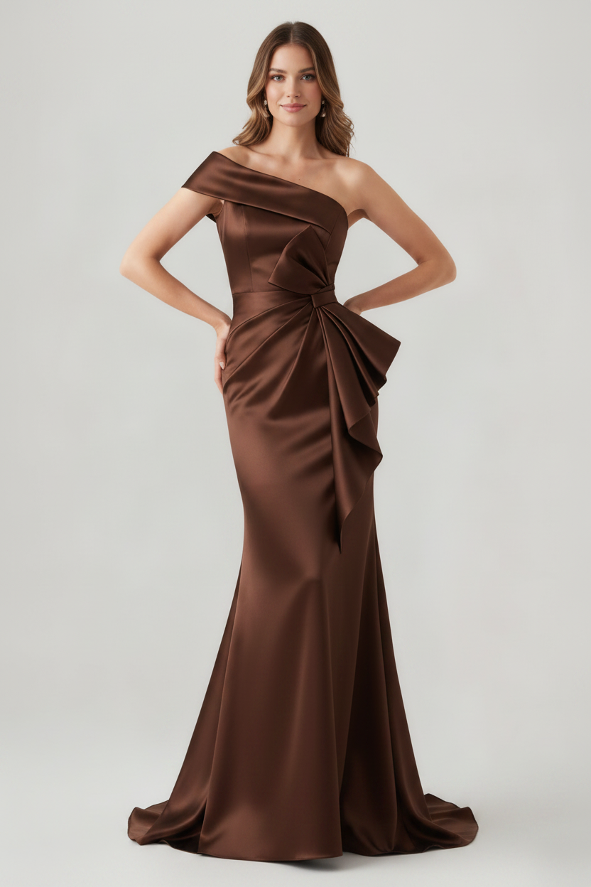Trumpet/Mermaid One-Shoulder Ruched Evening Dresses with Bowknot Floor-Length Satin Party Dresses