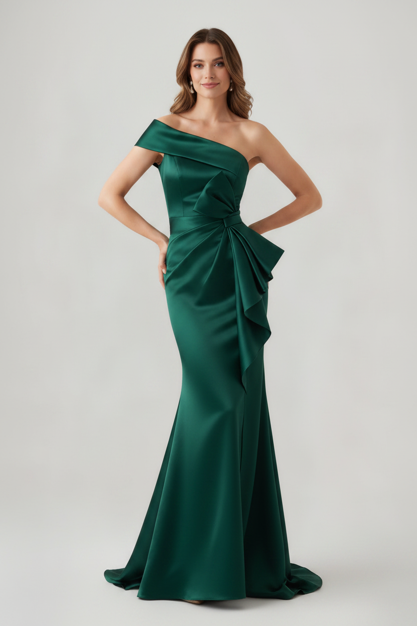 Trumpet/Mermaid One-Shoulder Ruched Evening Dresses with Bowknot Floor-Length Satin Party Dresses