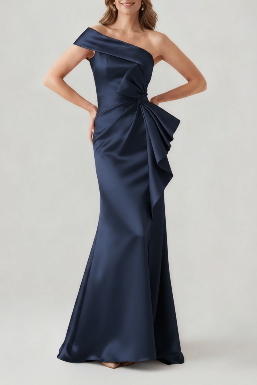 Trumpet/Mermaid One-Shoulder Ruched Evening Dresses with Bowknot Floor-Length Satin Party Dresses