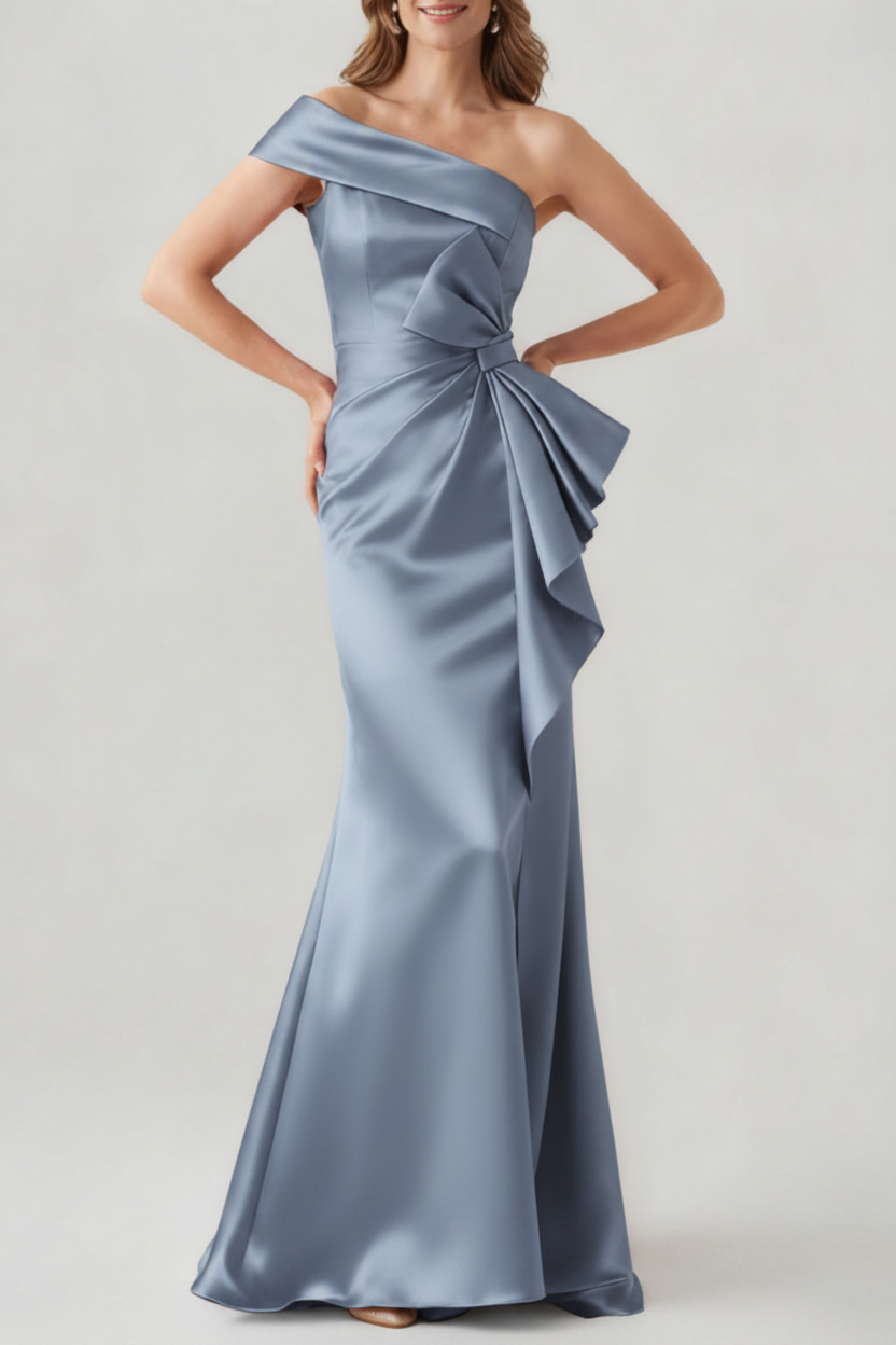 Trumpet/Mermaid One-Shoulder Ruched Evening Dresses with Bowknot Floor-Length Satin Party Dresses