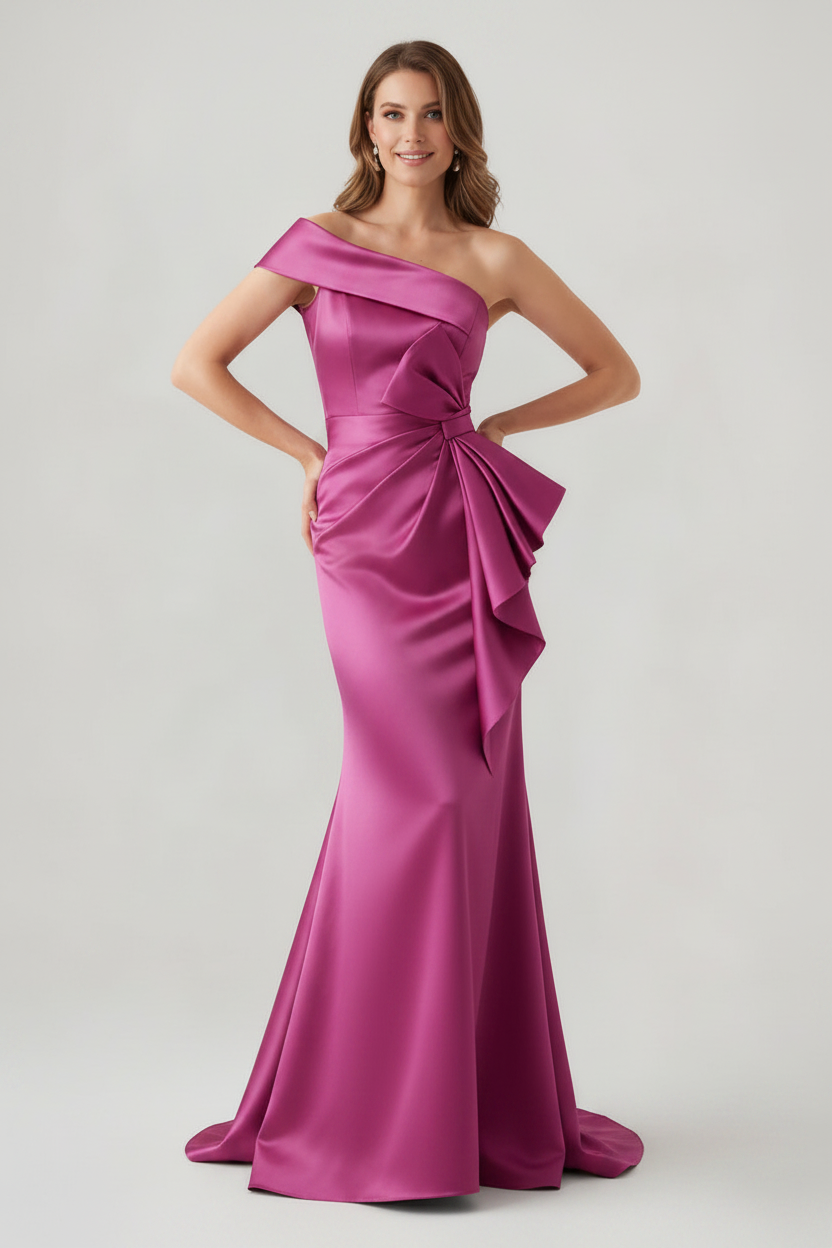Trumpet/Mermaid One-Shoulder Ruched Evening Dresses with Bowknot Floor-Length Satin Party Dresses