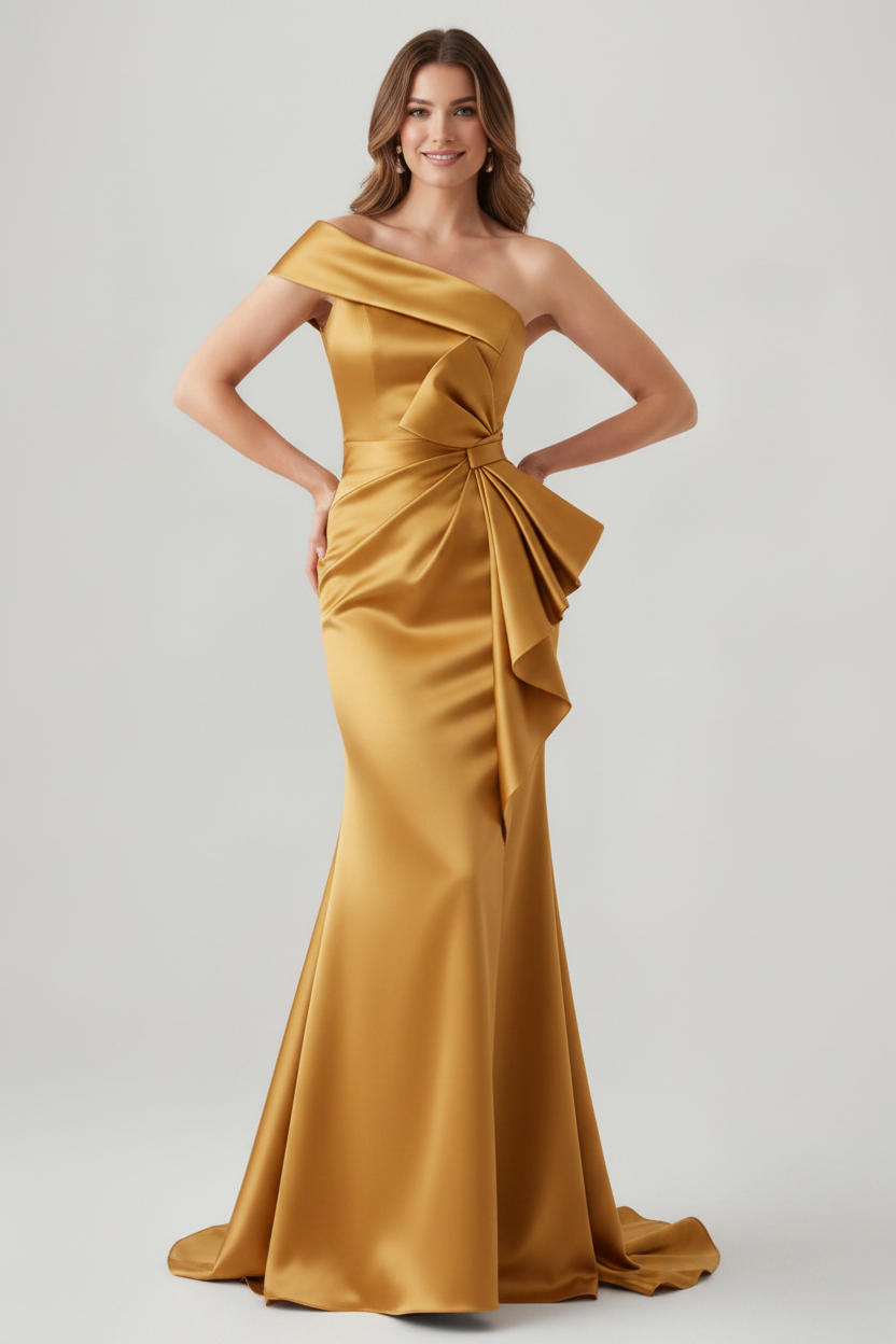 Trumpet/Mermaid One-Shoulder Ruched Evening Dresses with Bowknot Floor-Length Satin Party Dresses