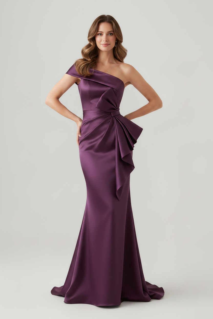 Trumpet/Mermaid One-Shoulder Ruched Evening Dresses with Bowknot Floor-Length Satin Party Dresses