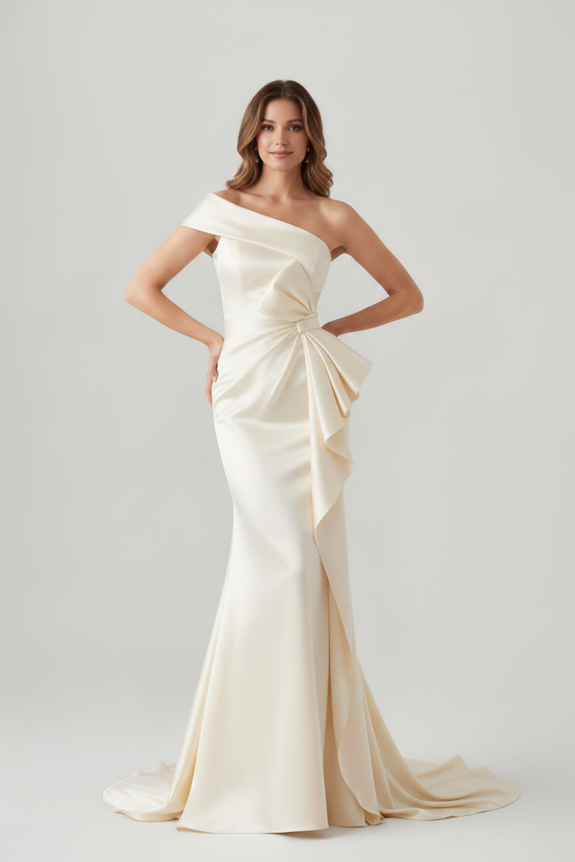 Trumpet/Mermaid One-Shoulder Ruched Evening Dresses with Bowknot Floor-Length Satin Party Dresses