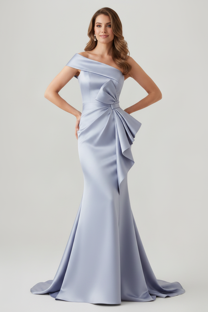 Trumpet/Mermaid One-Shoulder Ruched Evening Dresses with Bowknot Floor-Length Satin Party Dresses