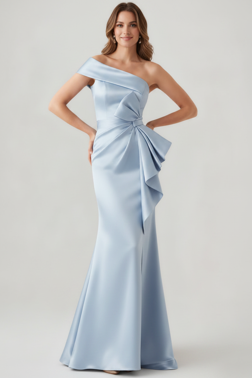 Trumpet/Mermaid One-Shoulder Ruched Evening Dresses with Bowknot Floor-Length Satin Party Dresses