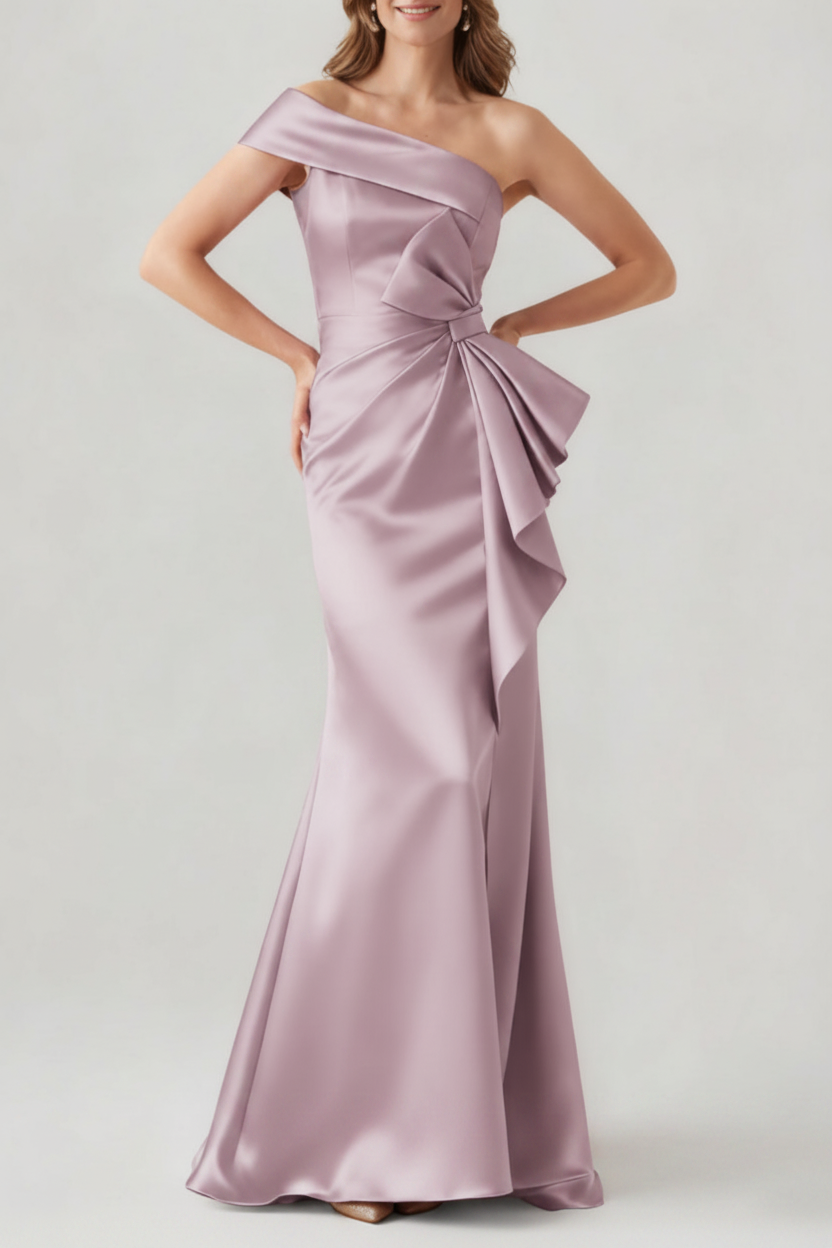 Trumpet/Mermaid One-Shoulder Ruched Evening Dresses with Bowknot Floor-Length Satin Party Dresses