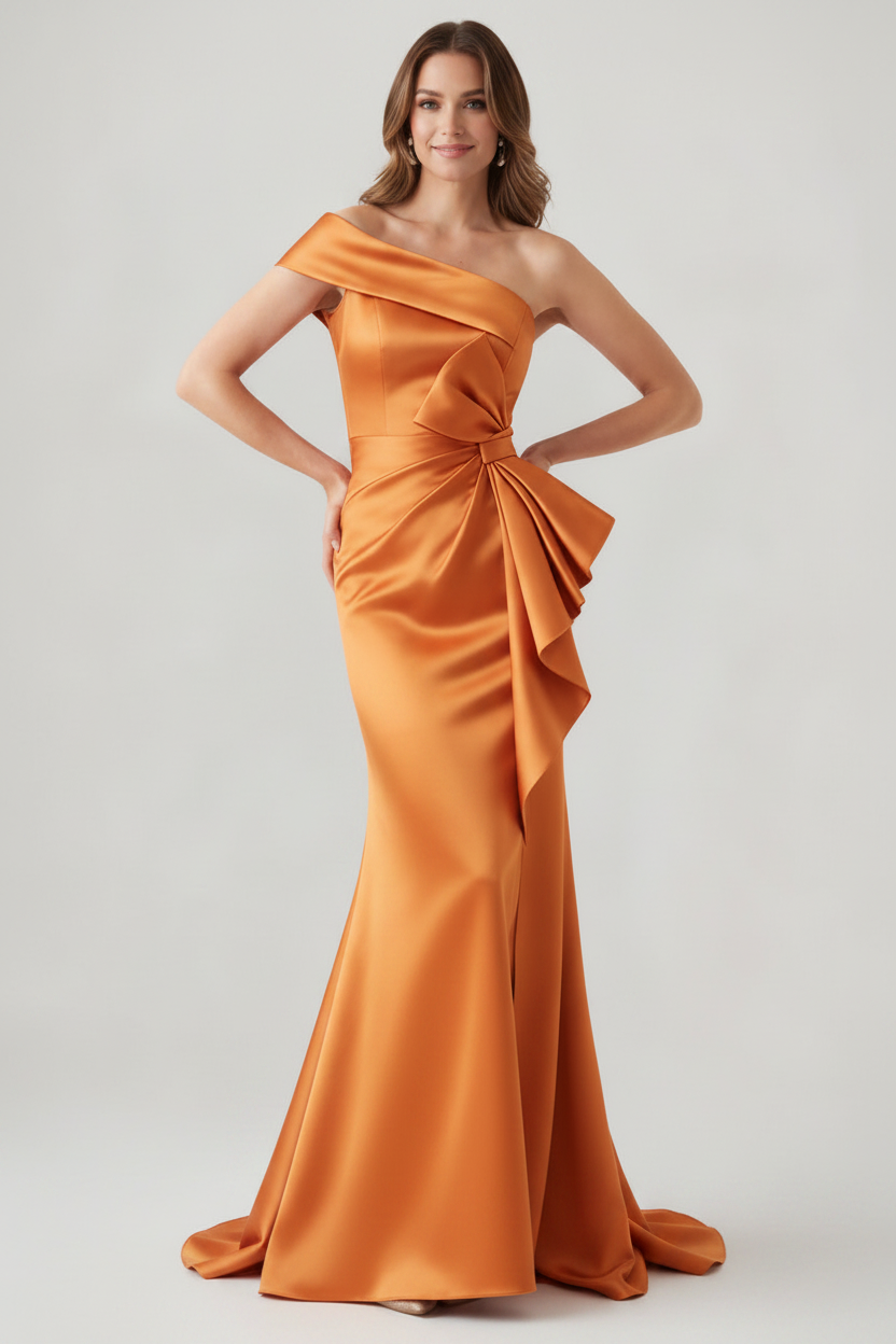 Trumpet/Mermaid One-Shoulder Ruched Evening Dresses with Bowknot Floor-Length Satin Party Dresses