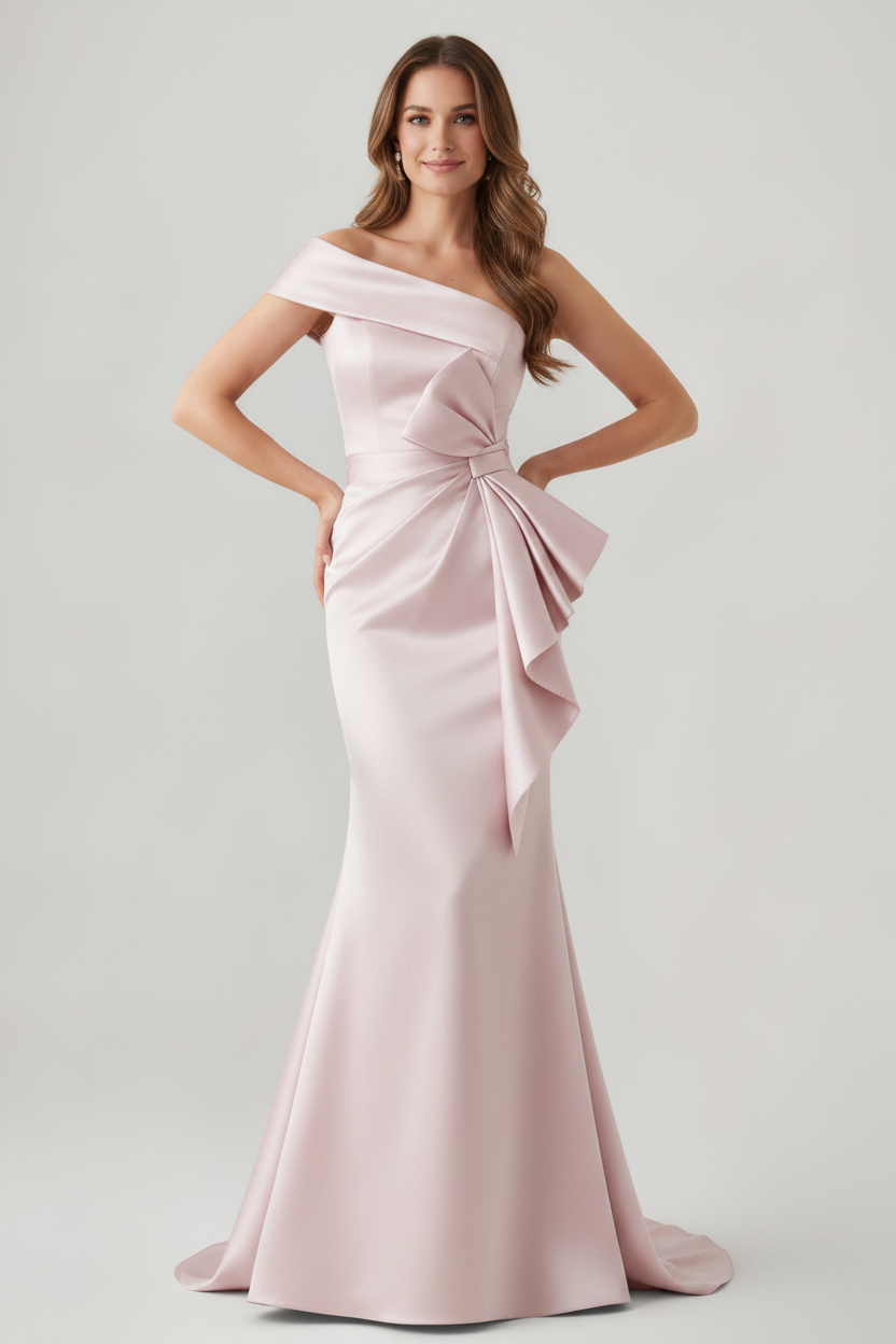 Trumpet/Mermaid One-Shoulder Ruched Evening Dresses with Bowknot Floor-Length Satin Party Dresses