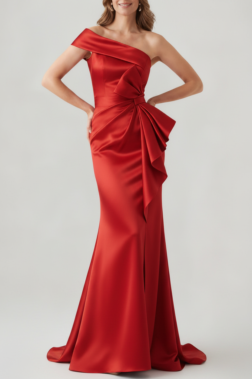 Trumpet/Mermaid One-Shoulder Ruched Evening Dresses with Bowknot Floor-Length Satin Party Dresses