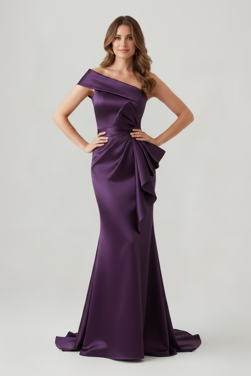 Trumpet/Mermaid One-Shoulder Ruched Evening Dresses with Bowknot Floor-Length Satin Party Dresses