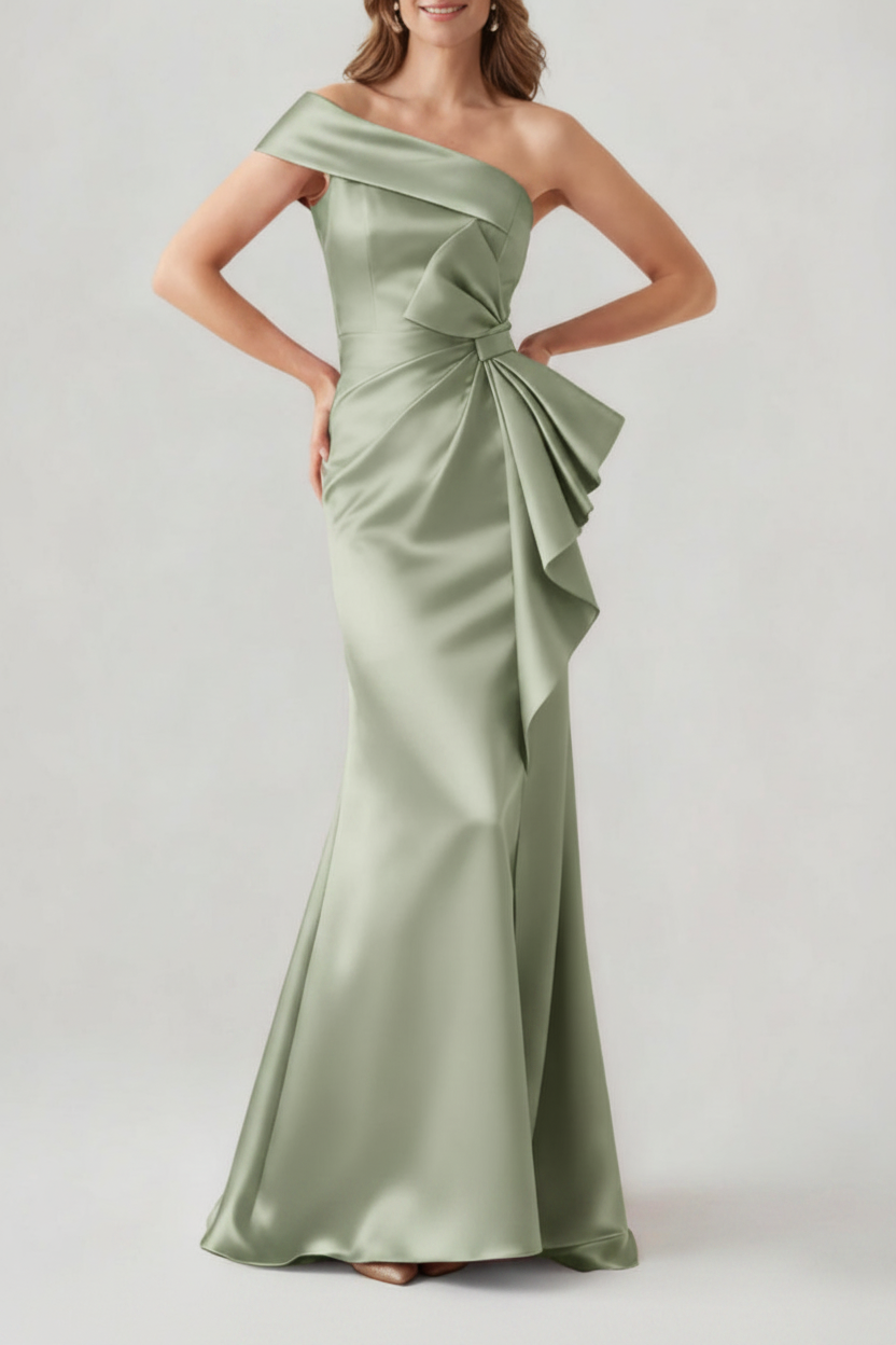 Trumpet/Mermaid One-Shoulder Ruched Evening Dresses with Bowknot Floor-Length Satin Party Dresses