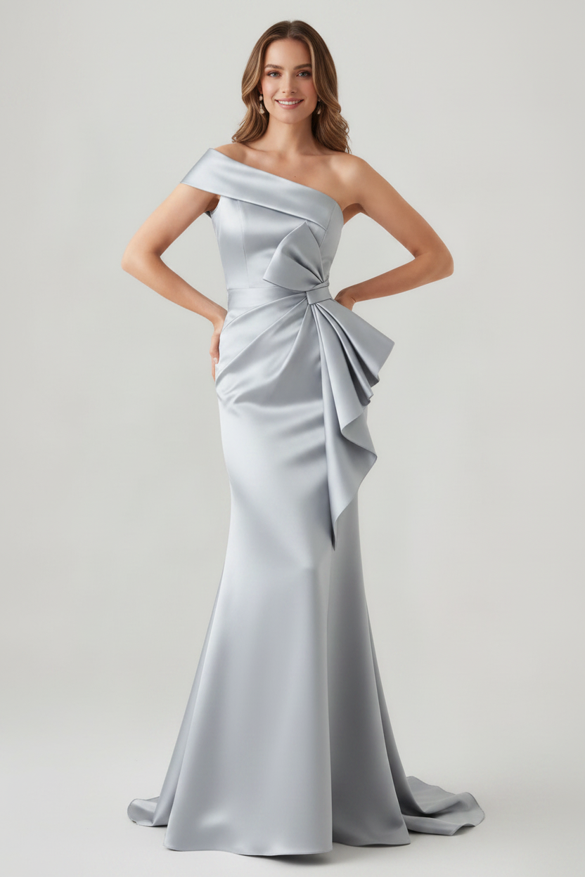 Trumpet/Mermaid One-Shoulder Ruched Evening Dresses with Bowknot Floor-Length Satin Party Dresses