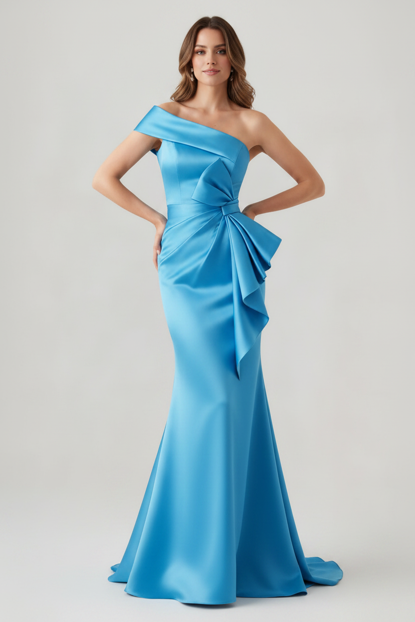 Trumpet/Mermaid One-Shoulder Ruched Evening Dresses with Bowknot Floor-Length Satin Party Dresses