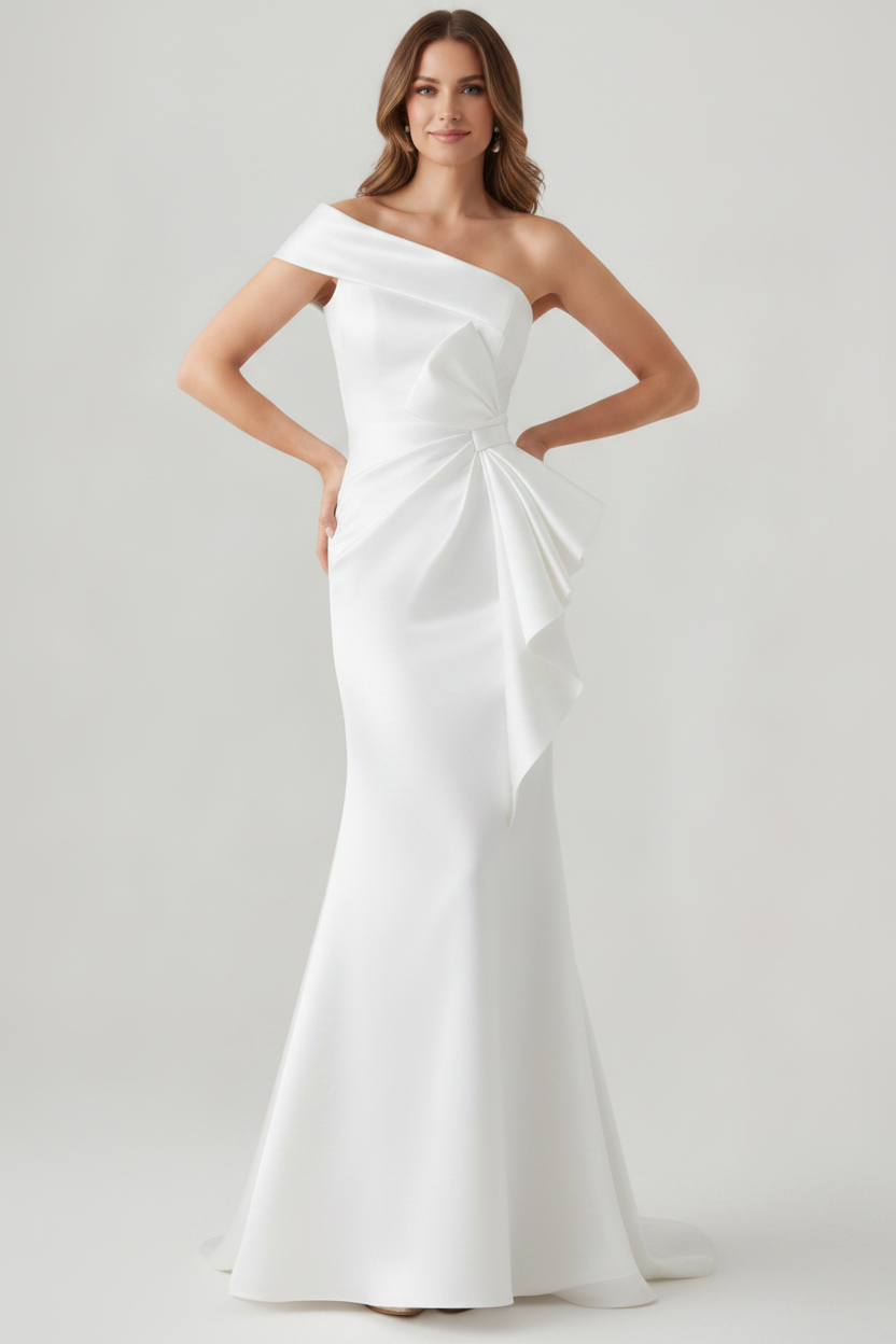Trumpet/Mermaid One-Shoulder Ruched Evening Dresses with Bowknot Floor-Length Satin Party Dresses
