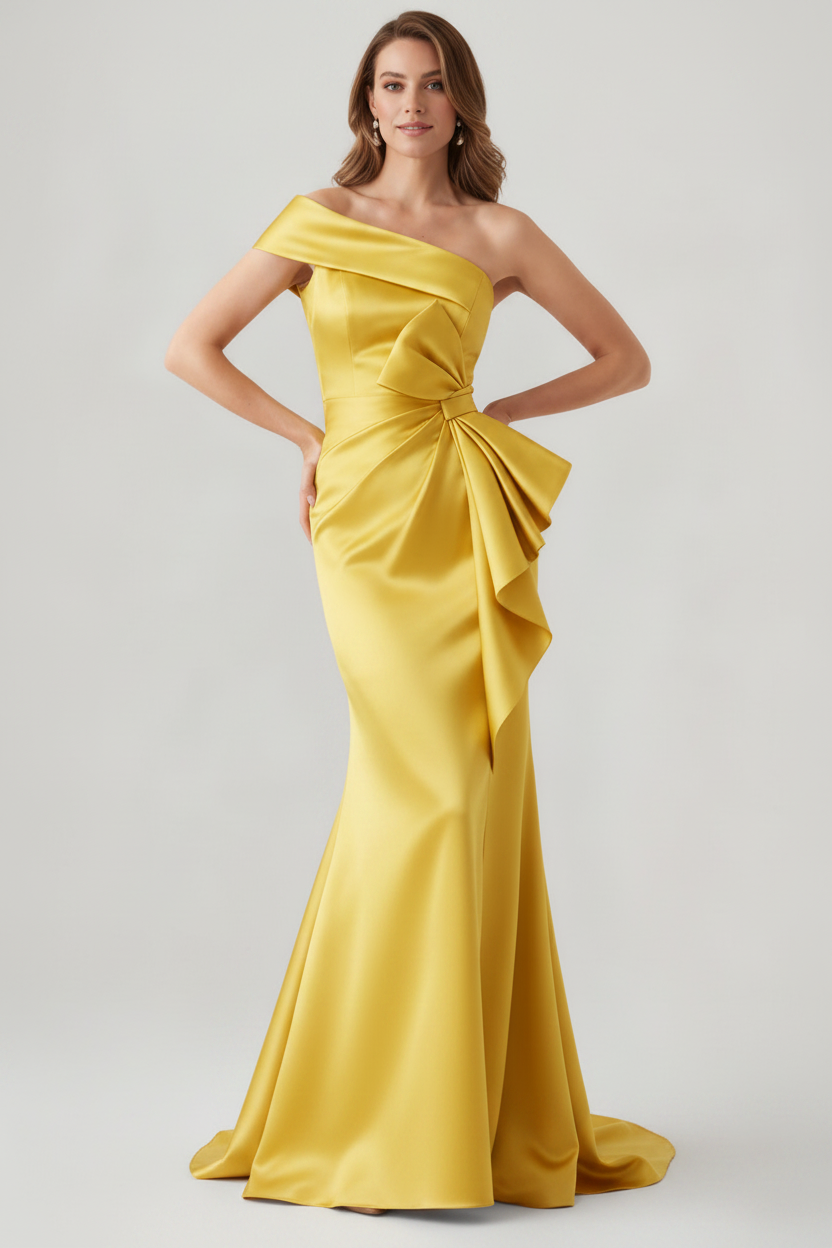 Trumpet/Mermaid One-Shoulder Ruched Evening Dresses with Bowknot Floor-Length Satin Party Dresses