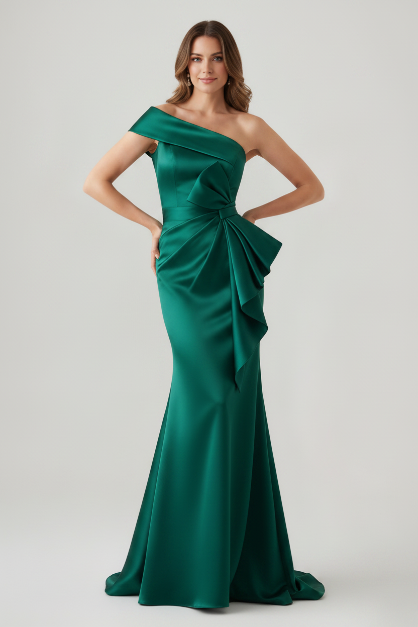 Trumpet/Mermaid One-Shoulder Ruched Evening Dresses with Bowknot Floor-Length Satin Party Dresses