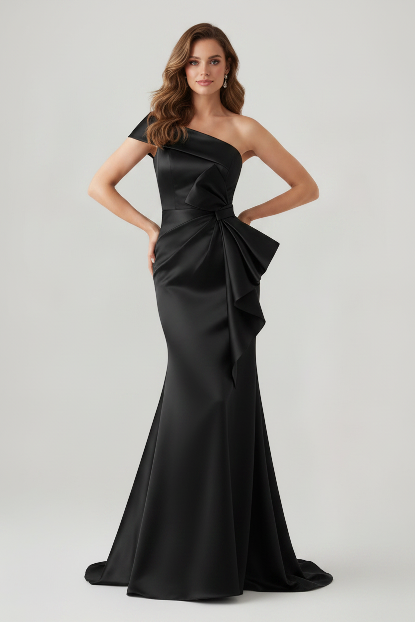 Trumpet/Mermaid One-Shoulder Ruched Evening Dresses with Bowknot Floor-Length Satin Party Dresses