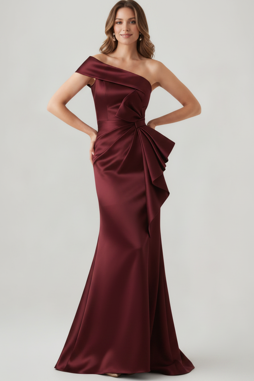 Trumpet/Mermaid One-Shoulder Ruched Evening Dresses with Bowknot Floor-Length Satin Party Dresses