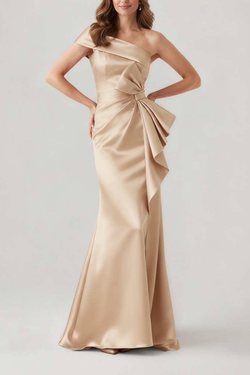 Trumpet/Mermaid One-Shoulder Ruched Evening Dresses with Bowknot Floor-Length Satin Party Dresses
