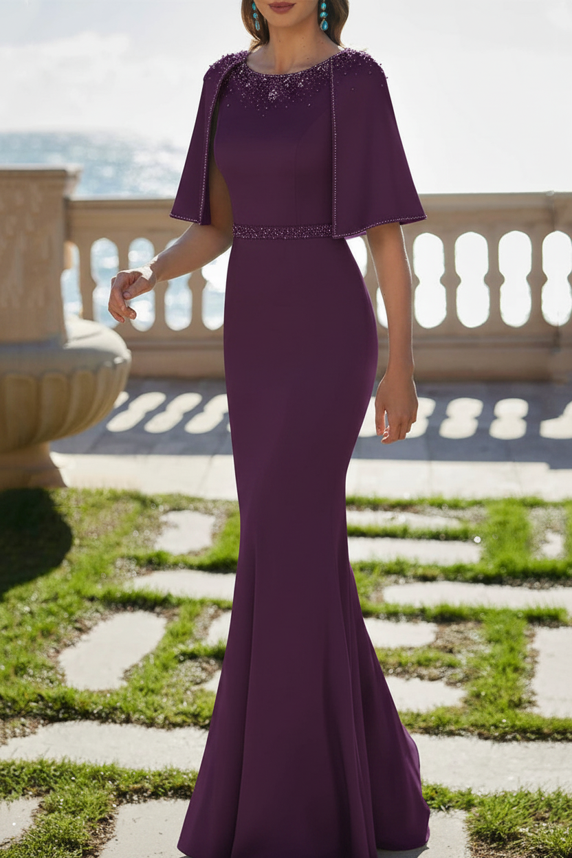 Trumpet/Mermaid Scoop Satin Mother of the Bride Dresses Beading Cape Sleeves Floor-Length