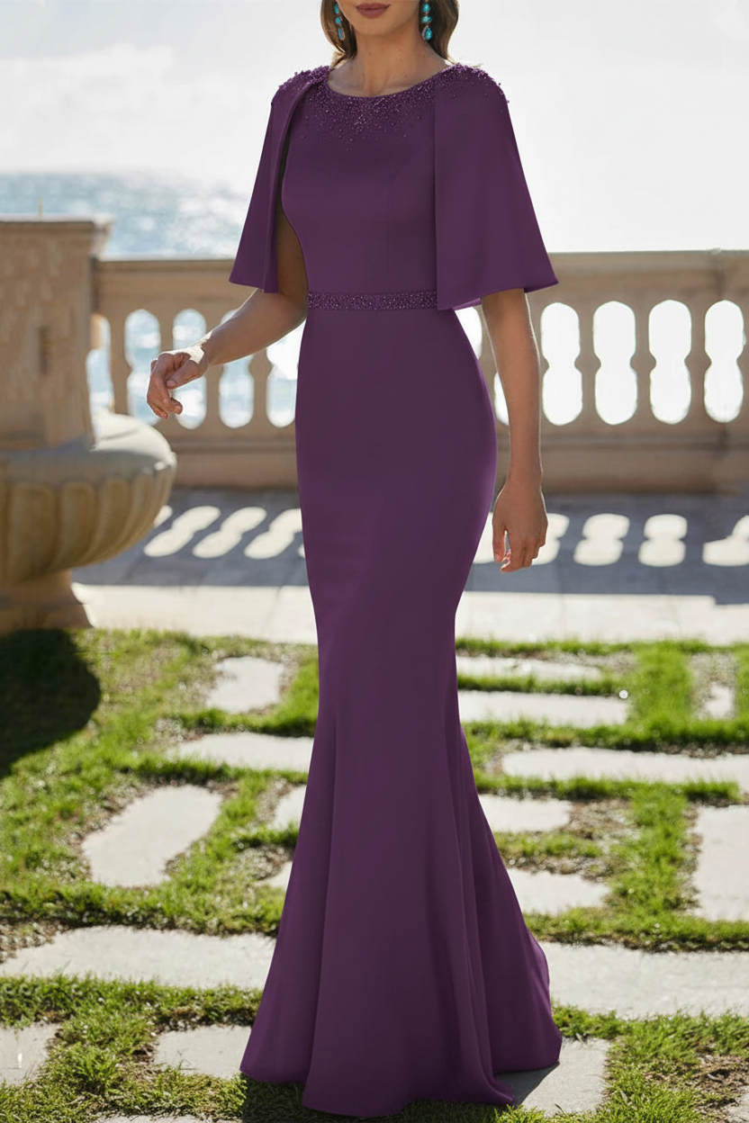 Trumpet/Mermaid Scoop Satin Mother of the Bride Dresses Beading Cape Sleeves Floor-Length