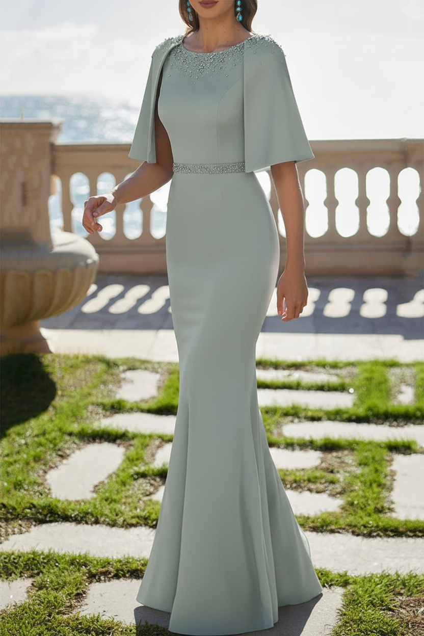 Trumpet/Mermaid Scoop Satin Mother of the Bride Dresses Beading Cape Sleeves Floor-Length