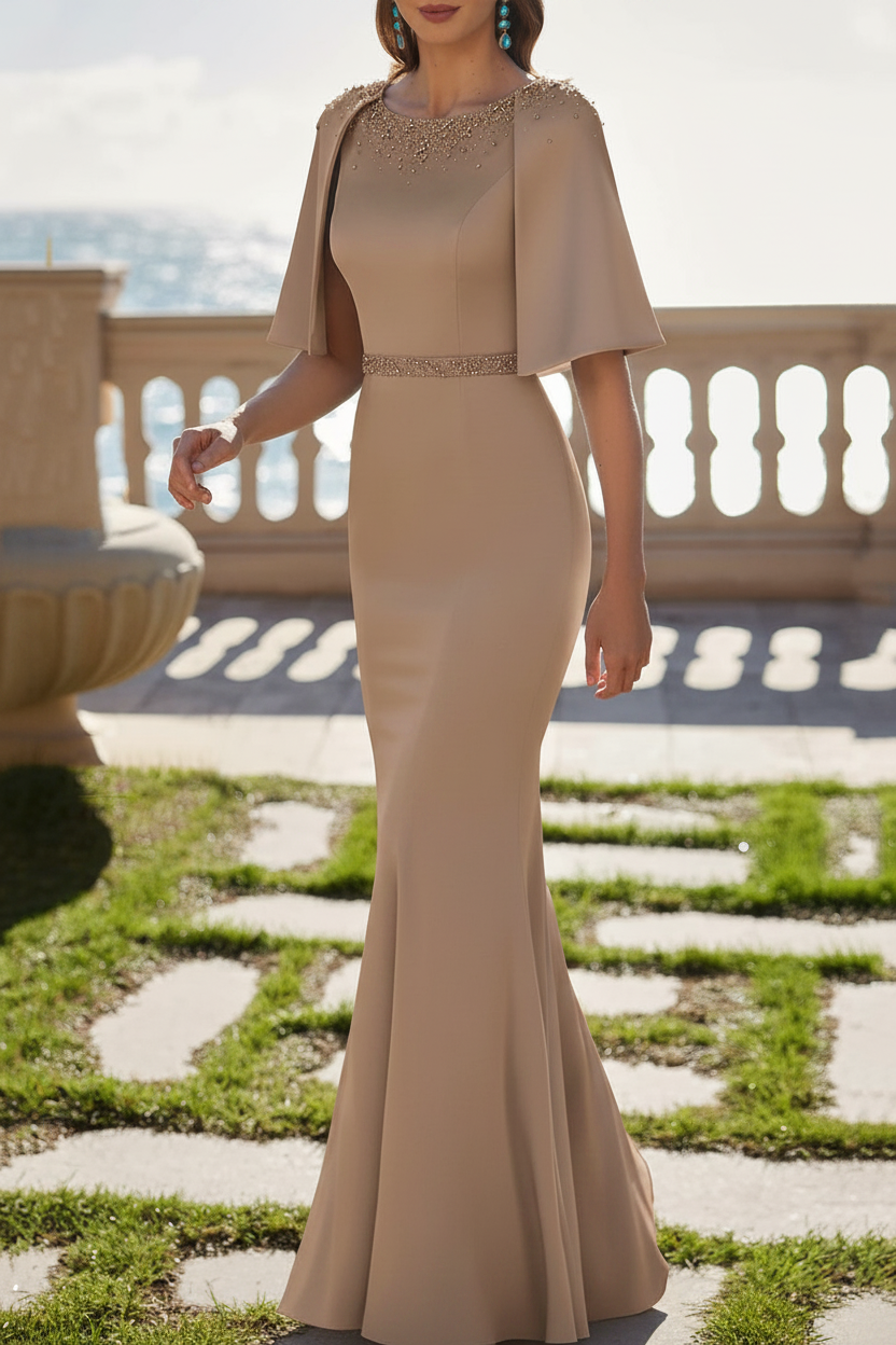 Trumpet/Mermaid Scoop Satin Mother of the Bride Dresses Beading Cape Sleeves Floor-Length