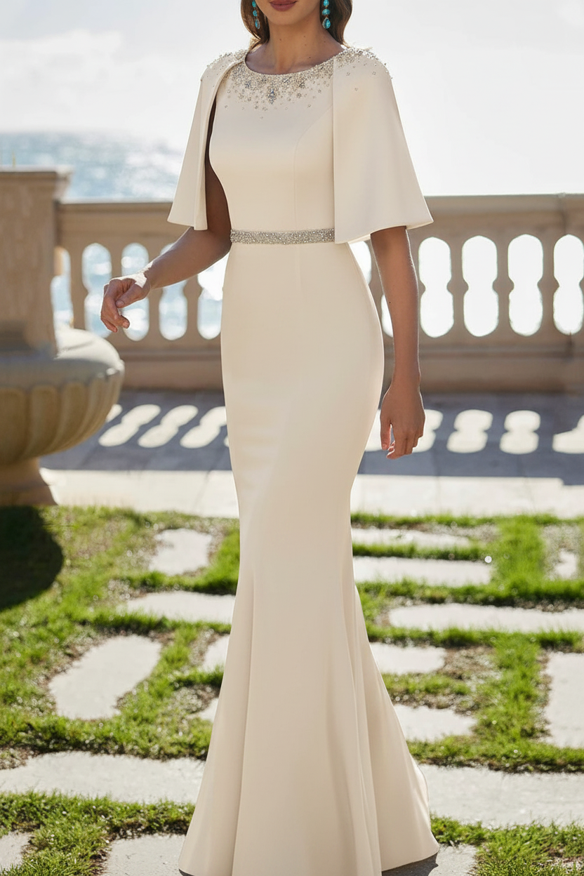 Trumpet/Mermaid Scoop Satin Mother of the Bride Dresses Beading Cape Sleeves Floor-Length