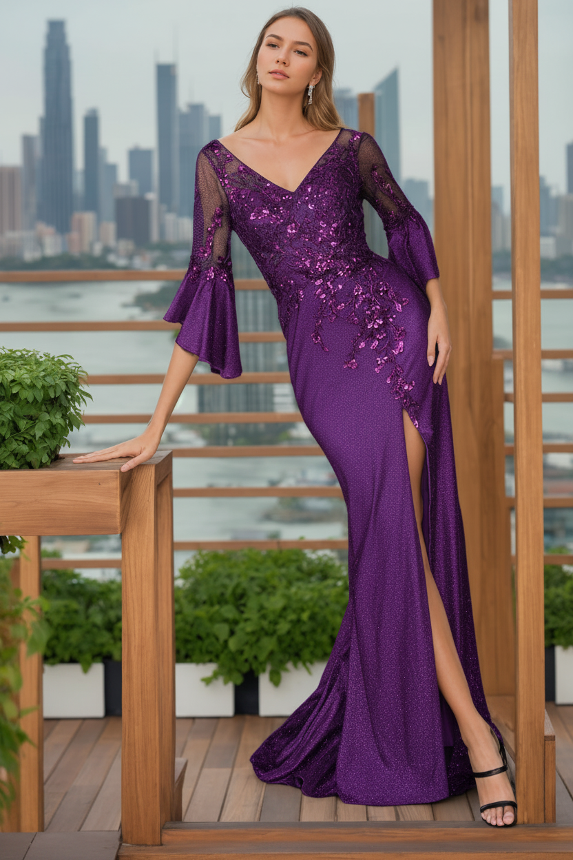 Trumpet/Mermaid V-Neck 3/4 Length Sleeves Floor-Length Mother of the Bride Dresses With Split Side & Floral Appliques