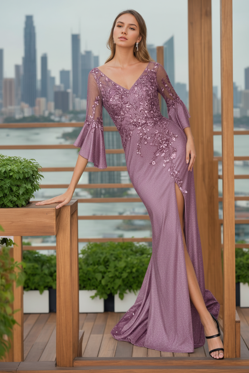 Trumpet/Mermaid V-Neck 3/4 Length Sleeves Floor-Length Mother of the Bride Dresses With Split Side & Floral Appliques