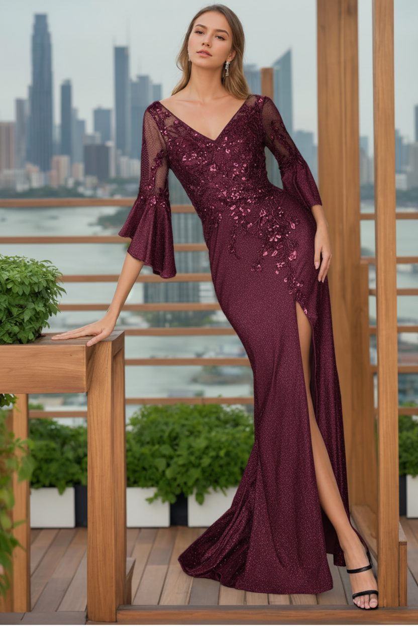 Trumpet/Mermaid V-Neck 3/4 Length Sleeves Floor-Length Mother of the Bride Dresses With Split Side & Floral Appliques