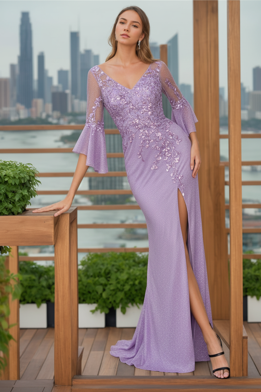Trumpet/Mermaid V-Neck 3/4 Length Sleeves Floor-Length Mother of the Bride Dresses With Split Side & Floral Appliques