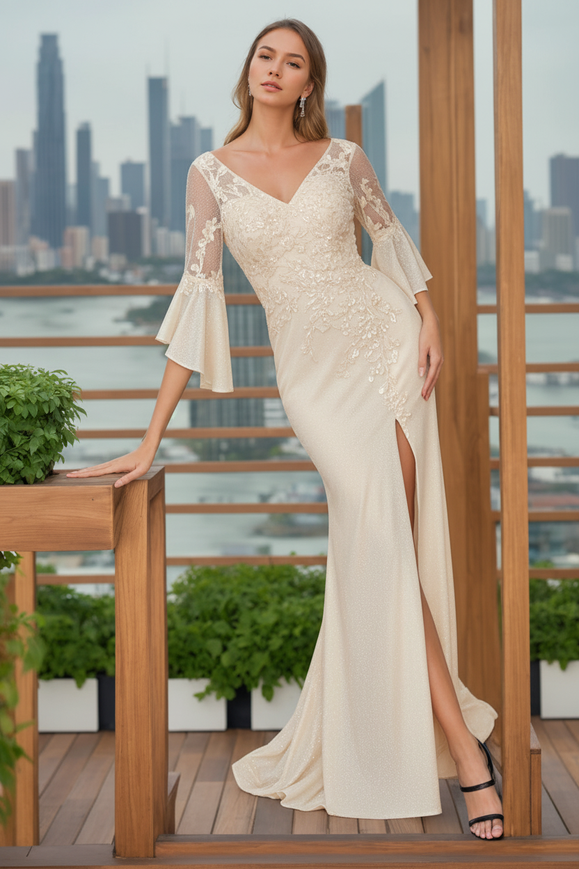 Trumpet/Mermaid V-Neck 3/4 Length Sleeves Floor-Length Mother of the Bride Dresses With Split Side & Floral Appliques