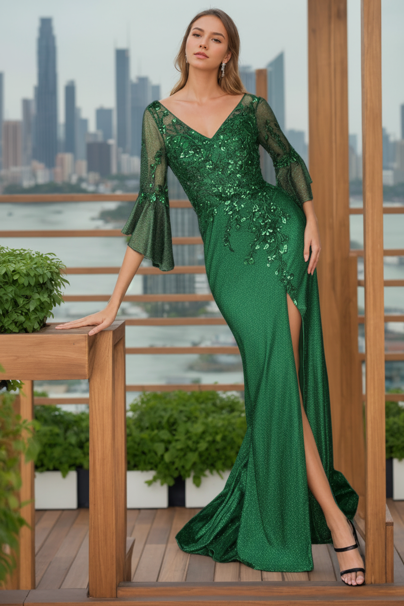 Trumpet/Mermaid V-Neck 3/4 Length Sleeves Floor-Length Mother of the Bride Dresses With Split Side & Floral Appliques