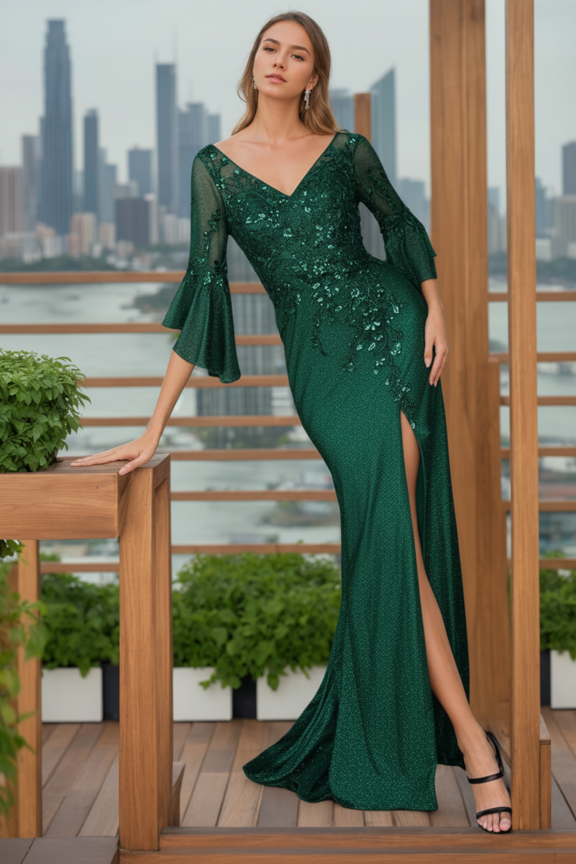 Trumpet/Mermaid V-Neck 3/4 Length Sleeves Floor-Length Mother of the Bride Dresses With Split Side & Floral Appliques