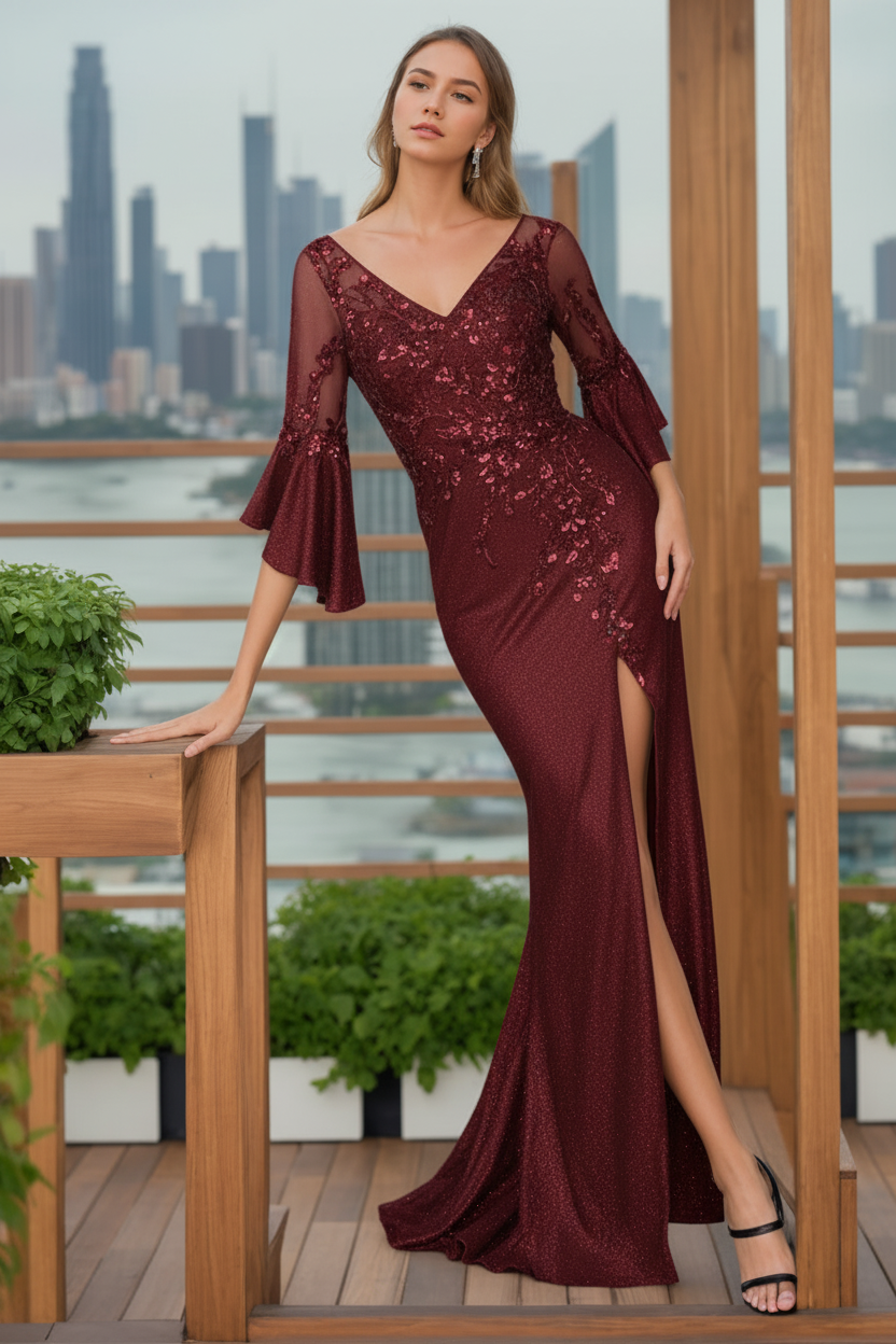 Trumpet/Mermaid V-Neck 3/4 Length Sleeves Floor-Length Mother of the Bride Dresses With Split Side & Floral Appliques